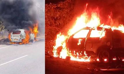 शॉर्ट सर्किट से इंजन में हुआ ब्लास्ट, परिवार सुरक्षित बाहर निकल आया, भीषण आग में पूरी कार जल गई