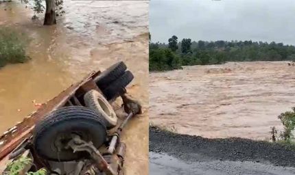 बलरामपुर जिले में जोरदार बारिश, उफनती नदी में अनियंत्रित होकर पलटी ट्रक, बाल-बाल बचे 5 लोग