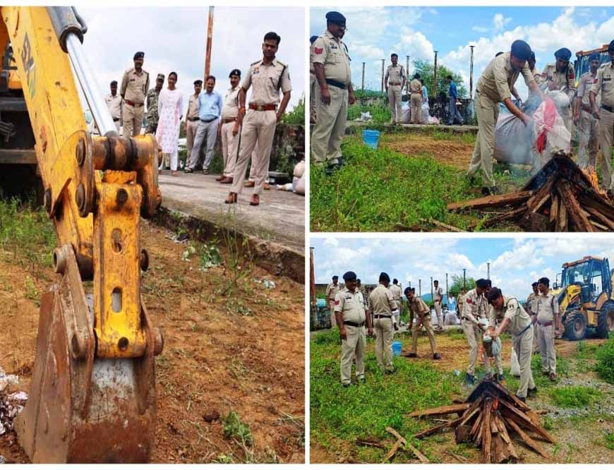 जप्त गांजा, नशीली इंजेक्शन और टेबलेट को एसपी की मौजूदगी में किया गया नष्ट