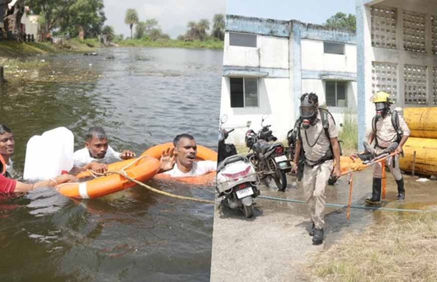 बाढ़ और गैस रिसाव से राहत: मॉकड्रिल में बचाव कार्यों का अभ्यास