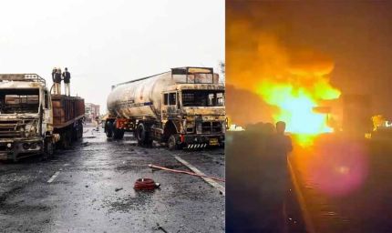 जयपुर-अजमेर हाईवे पर भीषण हादसा: केमिकल टैंकर की ट्रक से टक्कर में 200 सिलेंडर फटे, एक की मौत