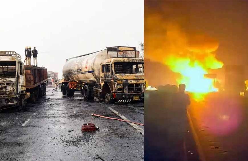 जयपुर-अजमेर हाईवे पर भीषण हादसा: केमिकल टैंकर की ट्रक से टक्कर में 200 सिलेंडर फटे, एक की मौत