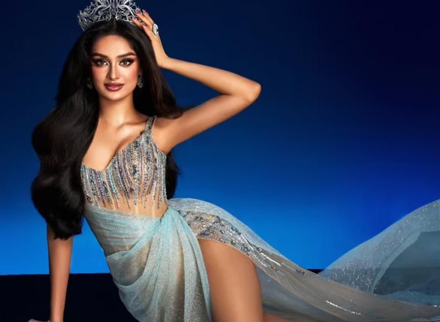 मिस यूनिवर्स में मनिका विश्वकर्मा का इंडो-वेस्टर्न लुक, जालीदार गाउन और मांग टीका बने हाइलाइट