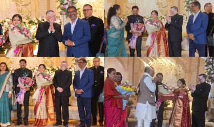 राज्यपाल के बेटे की रिसेप्शन पार्टी में पत्नी संग पहुंचे CM हेमंत सोरेन, नवविवाहित जोड़े को दिया आशीर्वाद