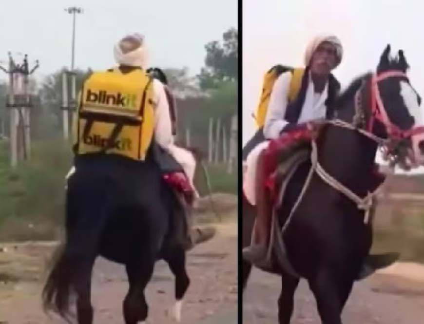 ‘रॉयल डिलीवरी’ का वीडियो वायरल, घोड़े पर सवार होकर ऑर्डर लेते दिखे Blinkit वाले अंकल
