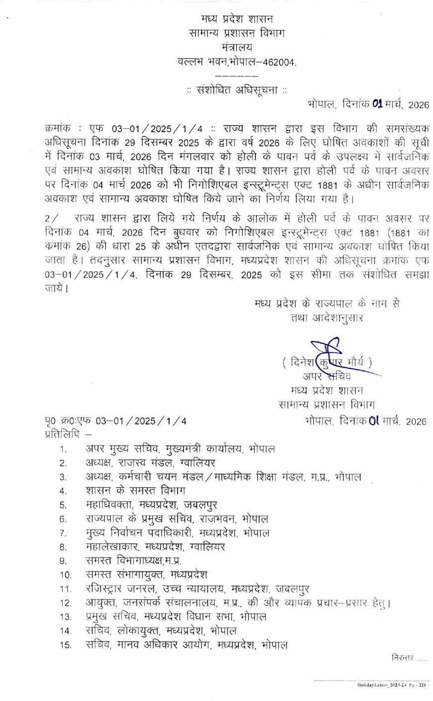 एमपी में सरकारी कर्मचारियों की होली लंबी, 3 के बाद 4 मार्च को भी छुट्टी