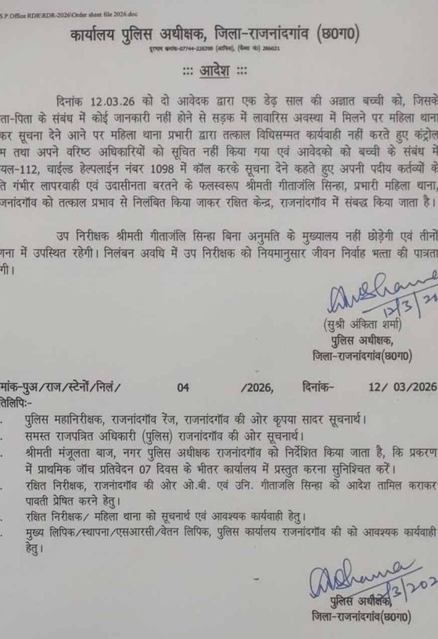मासूम के मामले में बड़ी कार्रवाई: महिला थाना प्रभारी और प्रधान आरक्षक निलंबित