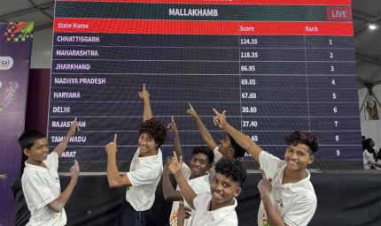 मल्लखंभ प्रतियोगिता के प्रथम दिन छत्तीसगढ़ की पुरूष टीम 124.35 अंक के साथ रही विजेता