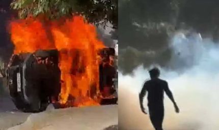 नोएडा में कर्मचारियों का उग्र प्रदर्शन, पुलिस और अन्य वाहनों में तोड़फोड़