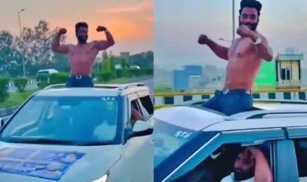 NH-9 पर सनरूफ स्टंट: युवक पर ₹21,500 का चालान