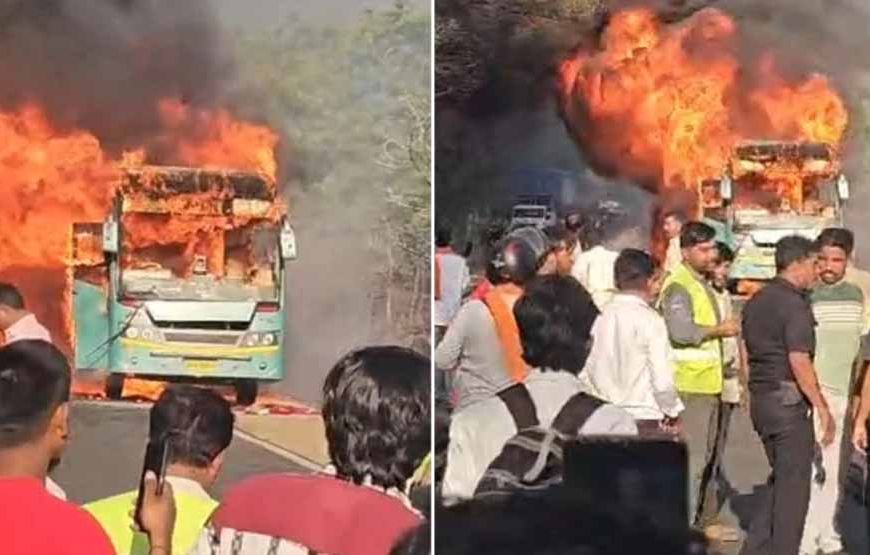 इंदौर-भोपाल हाईवे पर चलती बस में लगी भीषण आग, यात्रियों ने खिड़की से कूदकर बचाई जान
