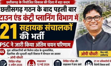 छत्तीसगढ़ बनने के बाद पहली बार टाउन एंड कंट्री प्लानिंग विभाग में सहायक संचालक (योजना) के 21 पदों पर भर्ती