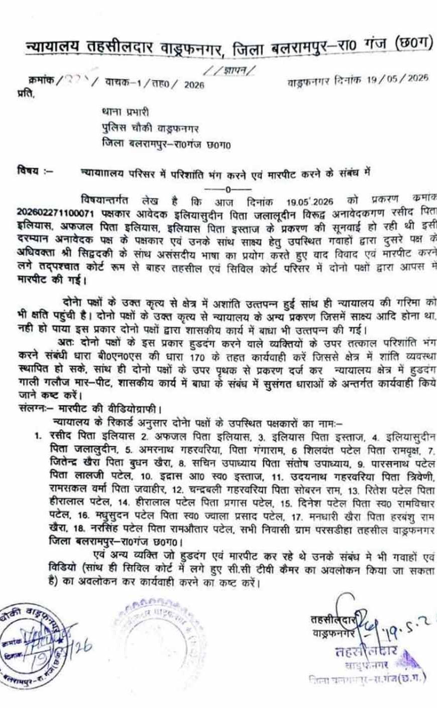 कोर्ट में सुनवाई के दौरान हंगामा, पक्षकारों में जमकर विवाद; तहसीलदार ने दर्ज कराई FIR
