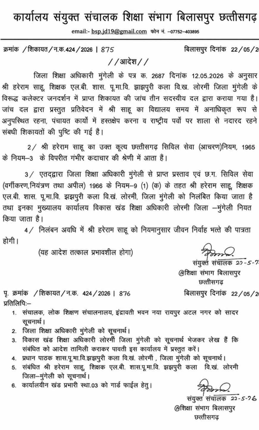 राष्ट्रीय पर्वों से गायब रहना शिक्षक को पड़ा महंगा, संयुक्त संचालक ने किया निलंबित
