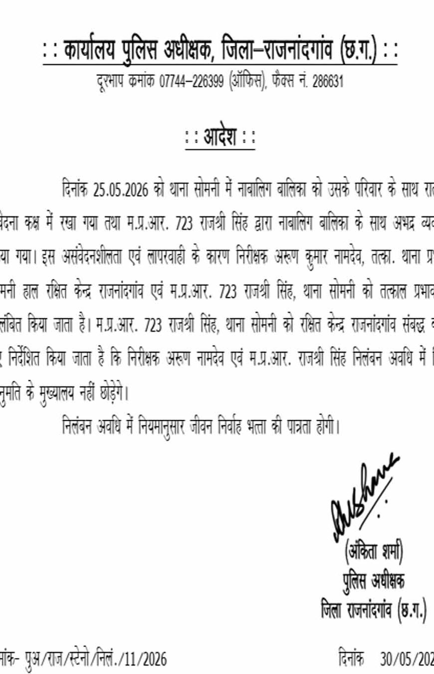 CG के थाने में नाबालिग से अभद्रता पर बड़ा एक्शन, TI और महिला हेड कांस्टेबल सस्पेंड