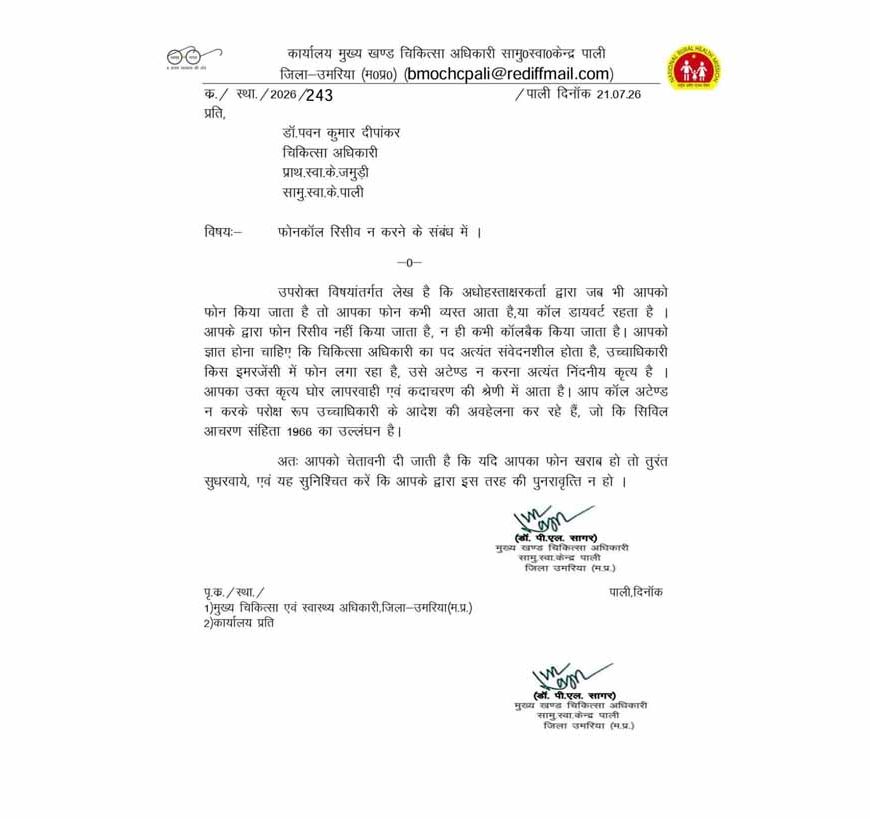 ड्यूटी में लापरवाही पड़ी भारी! फोन नहीं उठाने वाले डॉक्टर पर BMO का एक्शन, जारी हुआ नोटिस