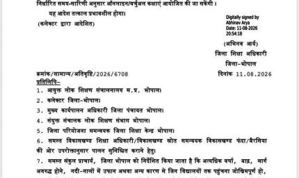 भोपाल में 12 अगस्त को नर्सरी से 12वीं तक के विद्यार्थियों की छुट्टी, भारी बारिश के चलते कलेक्टर ने जारी किया आदेश