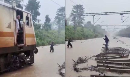 आगे लाल झंडी लेकर चला रेलकर्मी, पीछे 3 फीट पानी चीरती रही ट्रेन; सतना-मानिकपुर ट्रैक का VIDEO वायरल