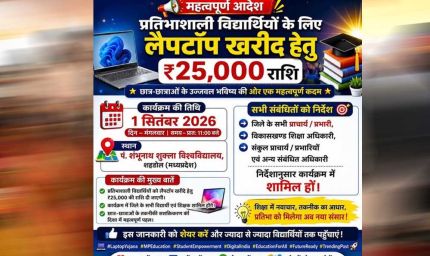 प्रदेश के लगभग 1 लाख 22 हजार विद्यार्थियों को लैपटॉप खरीदने के लिए मिलेंगे 25-25 हजार रुपये