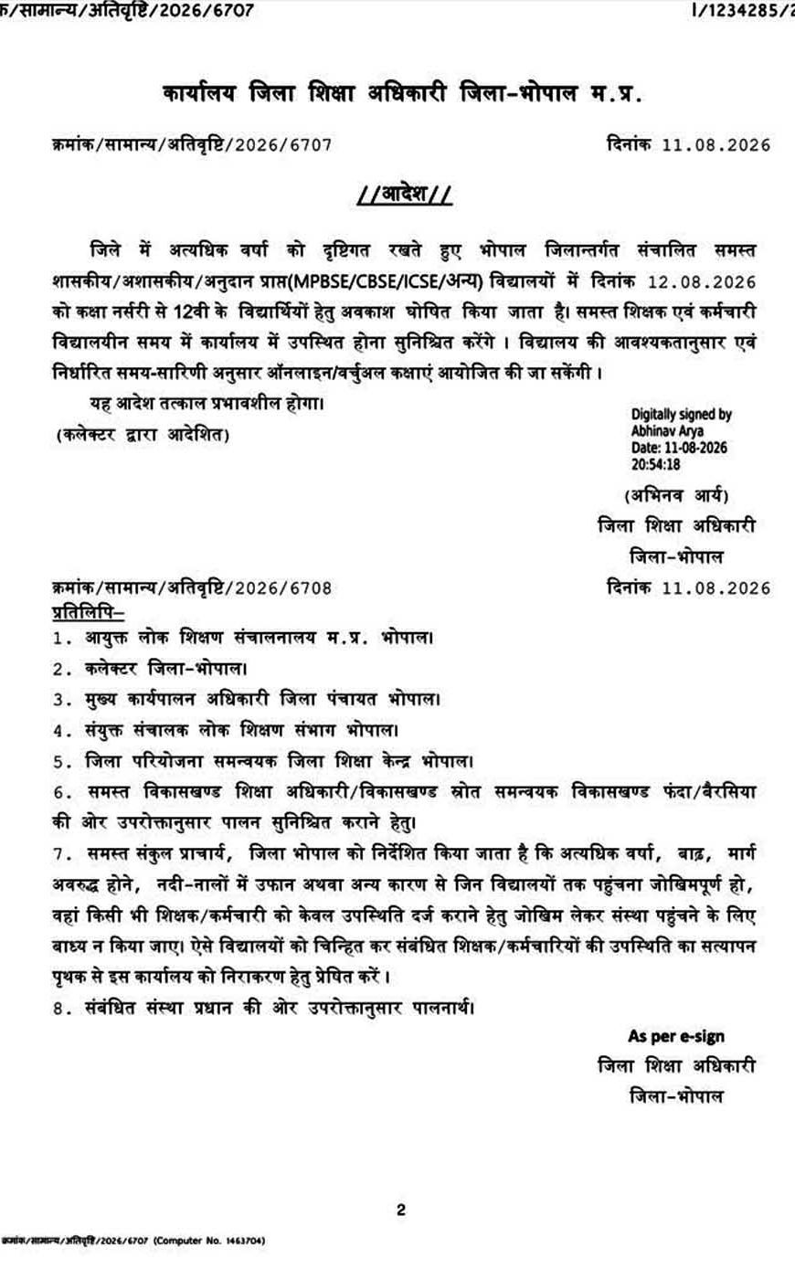 भोपाल में 12 अगस्त को नर्सरी से 12वीं तक के विद्यार्थियों की छुट्टी, भारी बारिश के चलते कलेक्टर ने जारी किया आदेश