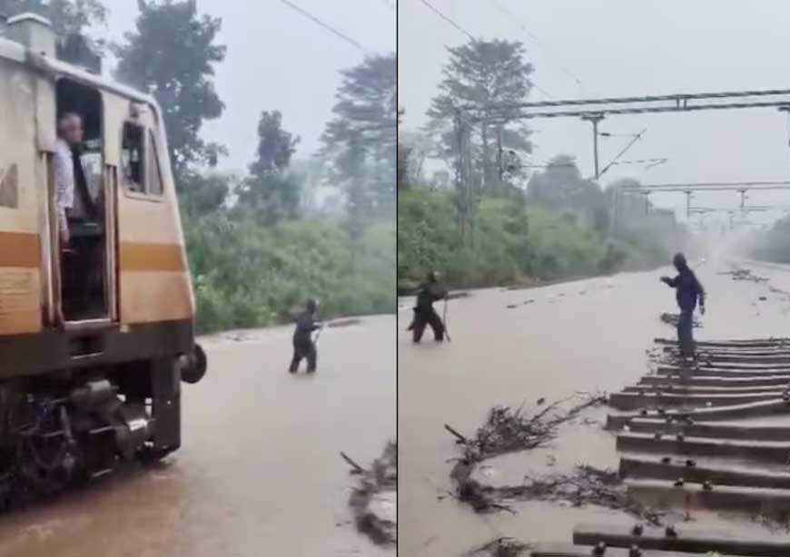 आगे लाल झंडी लेकर चला रेलकर्मी, पीछे 3 फीट पानी चीरती रही ट्रेन; सतना-मानिकपुर ट्रैक का VIDEO वायरल