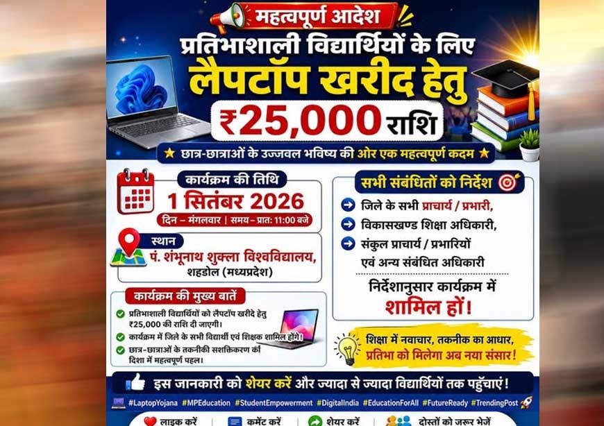 प्रदेश के लगभग 1 लाख 22 हजार विद्यार्थियों को लैपटॉप खरीदने के लिए मिलेंगे 25-25 हजार रुपये