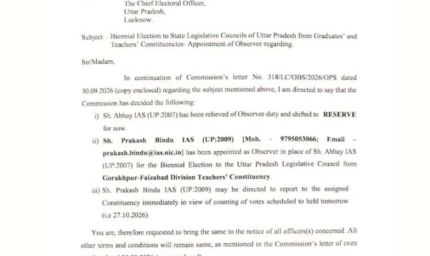 यूपी विधान परिषद चुनाव: मतगणना से ठीक एक दिन पहले बड़ा बदलाव, आईएएस अभय को पर्यवेक्षक पद से हटाया